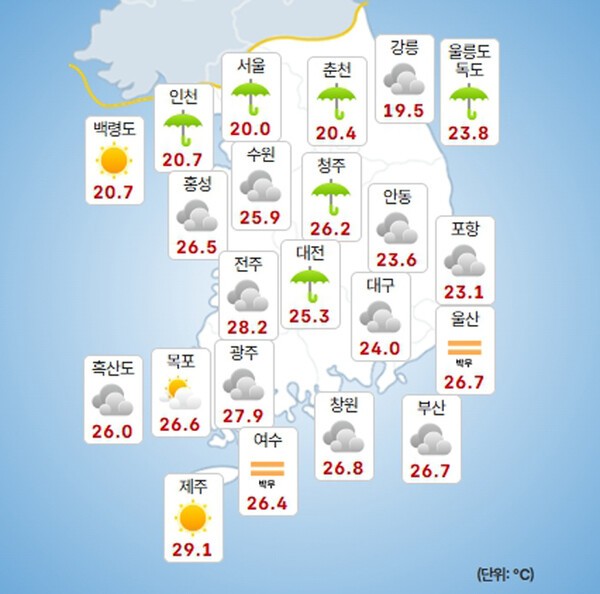 부산날씨 7월 18일 중부 지방 호우특보 발효